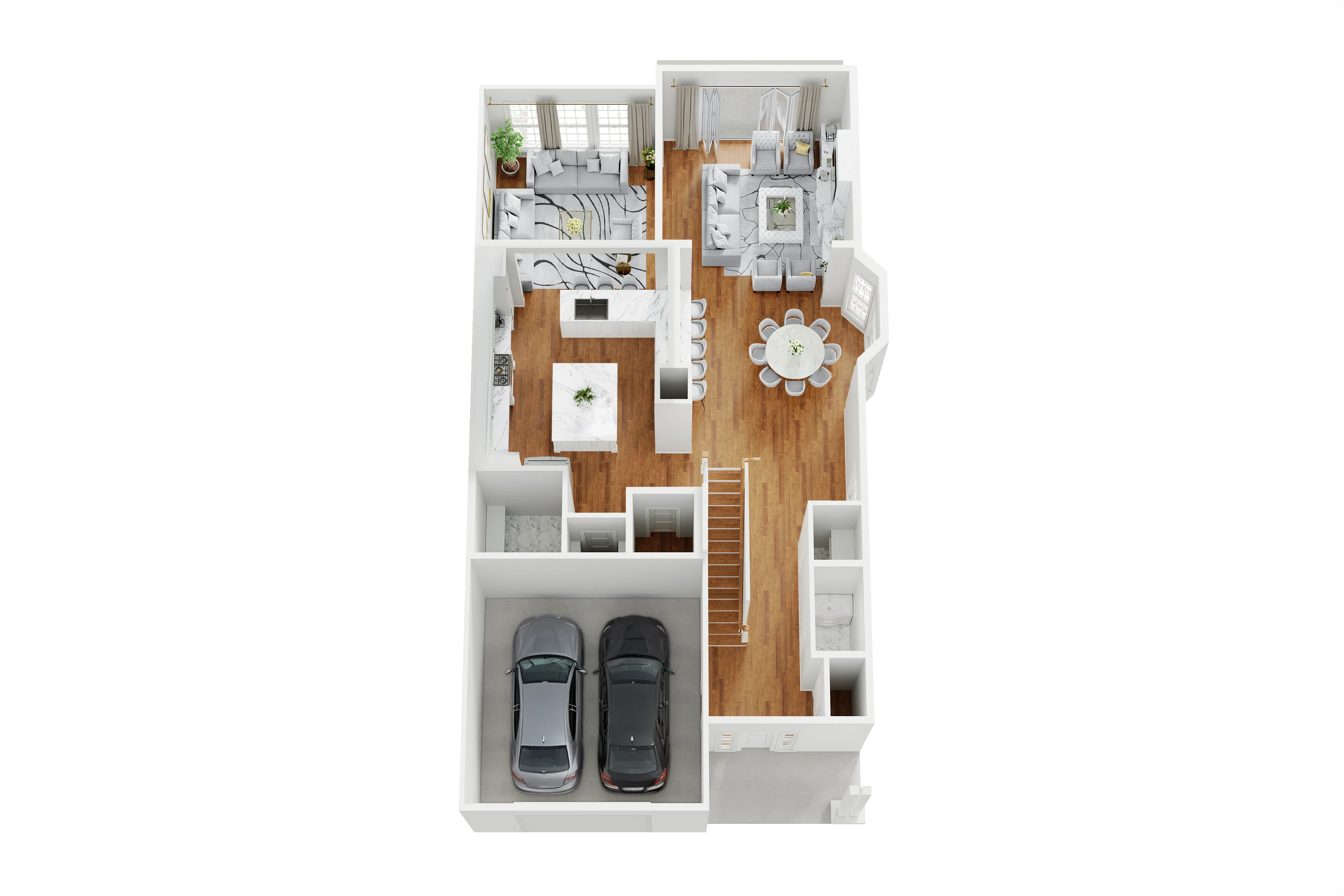 3D floor plan of a house ground floor with open kitchen, living and dining areas, two-car garage, and staircase