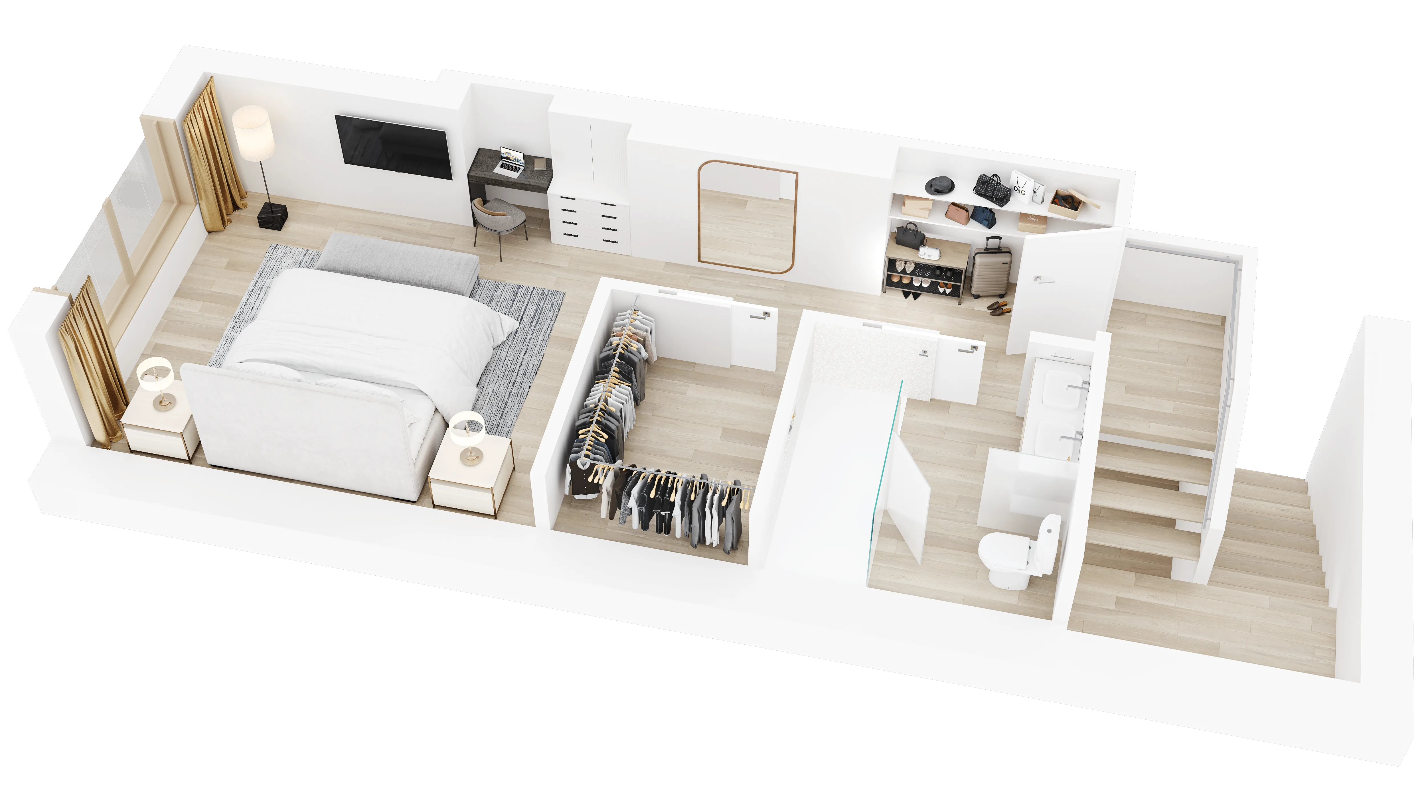 3D floor plan of a master suite level with king bedroom, walk-in closet, dressing area, freestanding tub, and staircase
