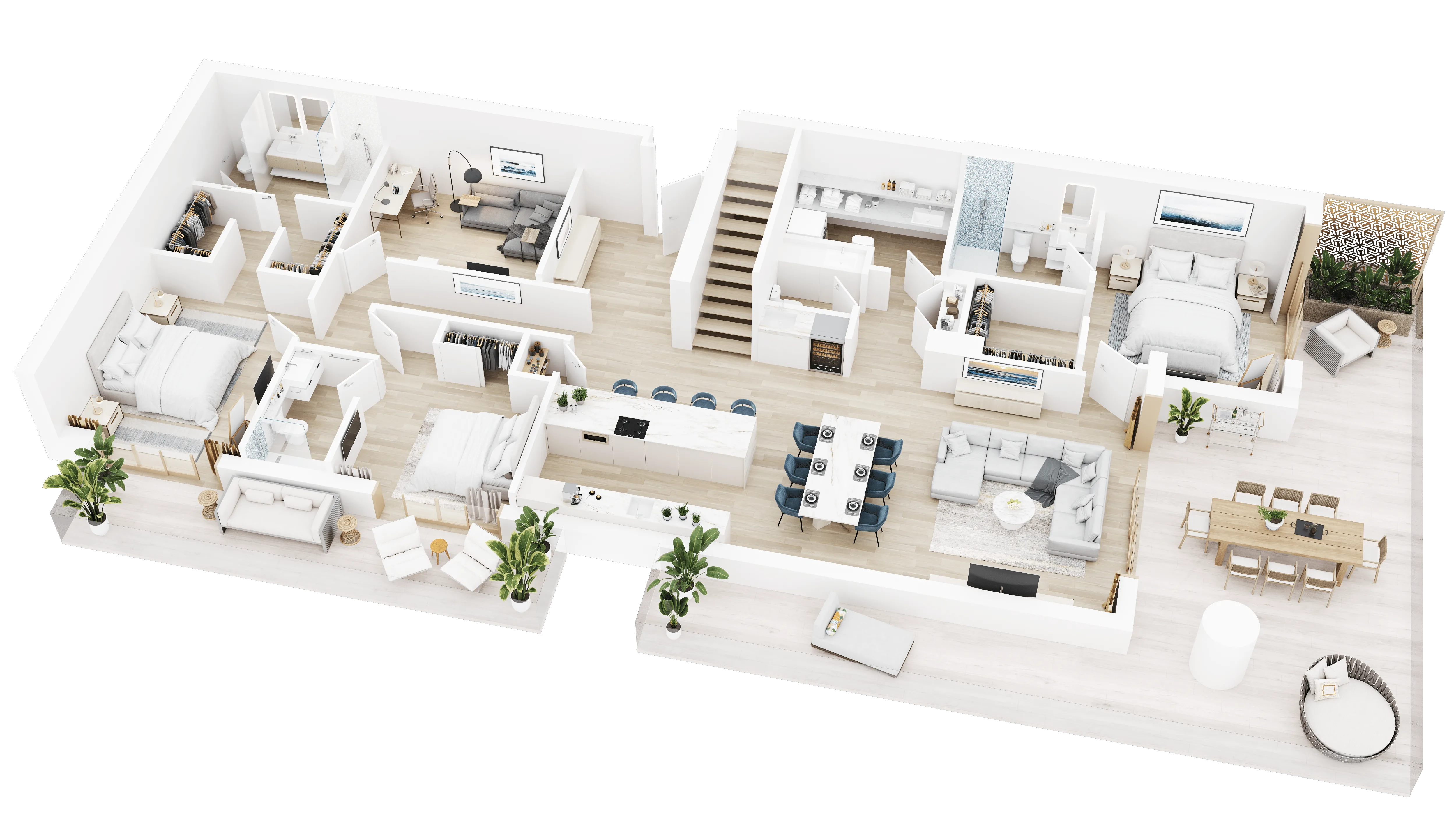 3D floor plan of a large multi-bedroom apartment with central staircase, kitchen island, formal dining area, and master suite with terrace
