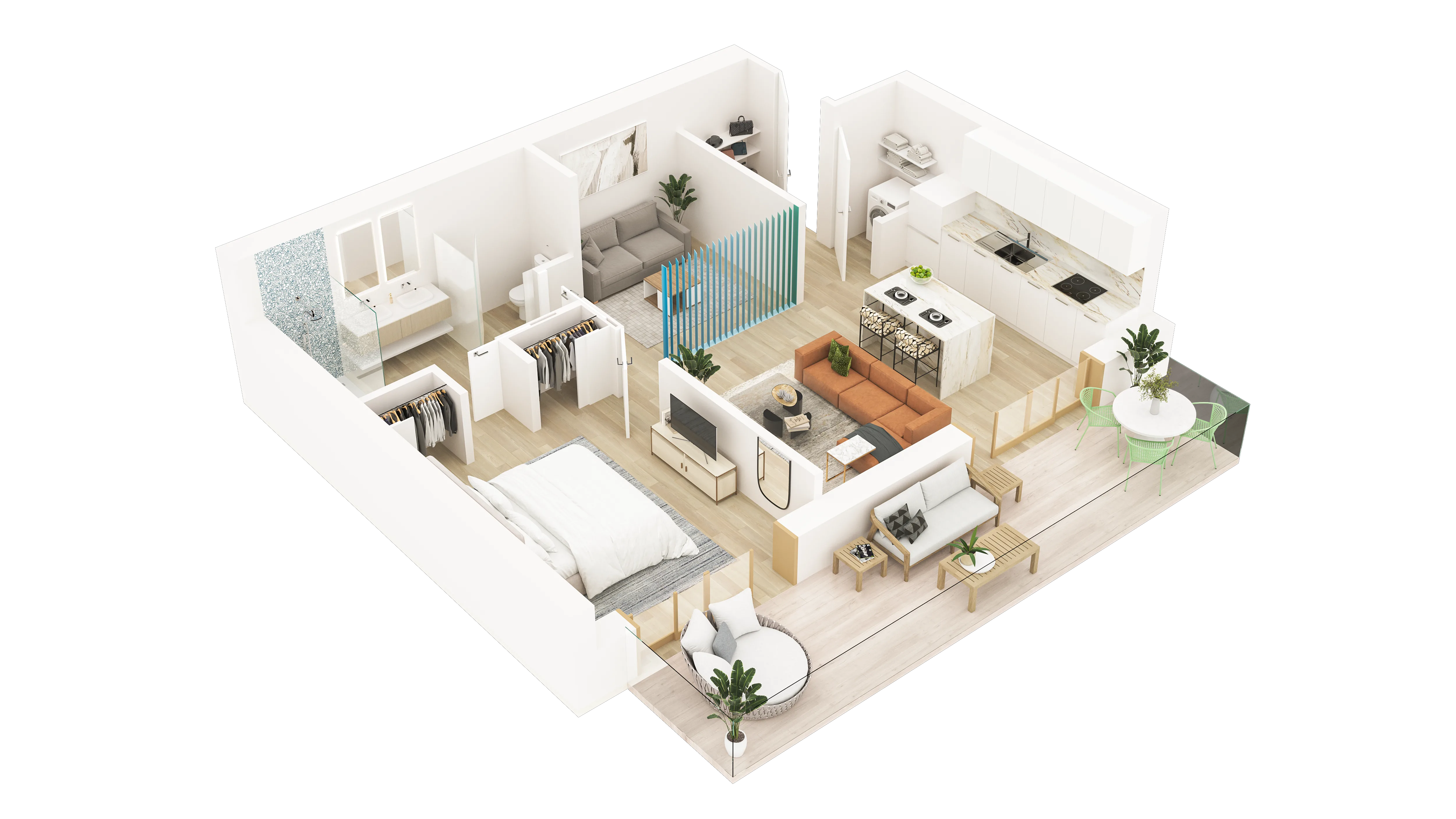 3D floor plan of a one-bedroom apartment with open-plan kitchen and living area, rust-colored sofa, walk-in closet, and balcony