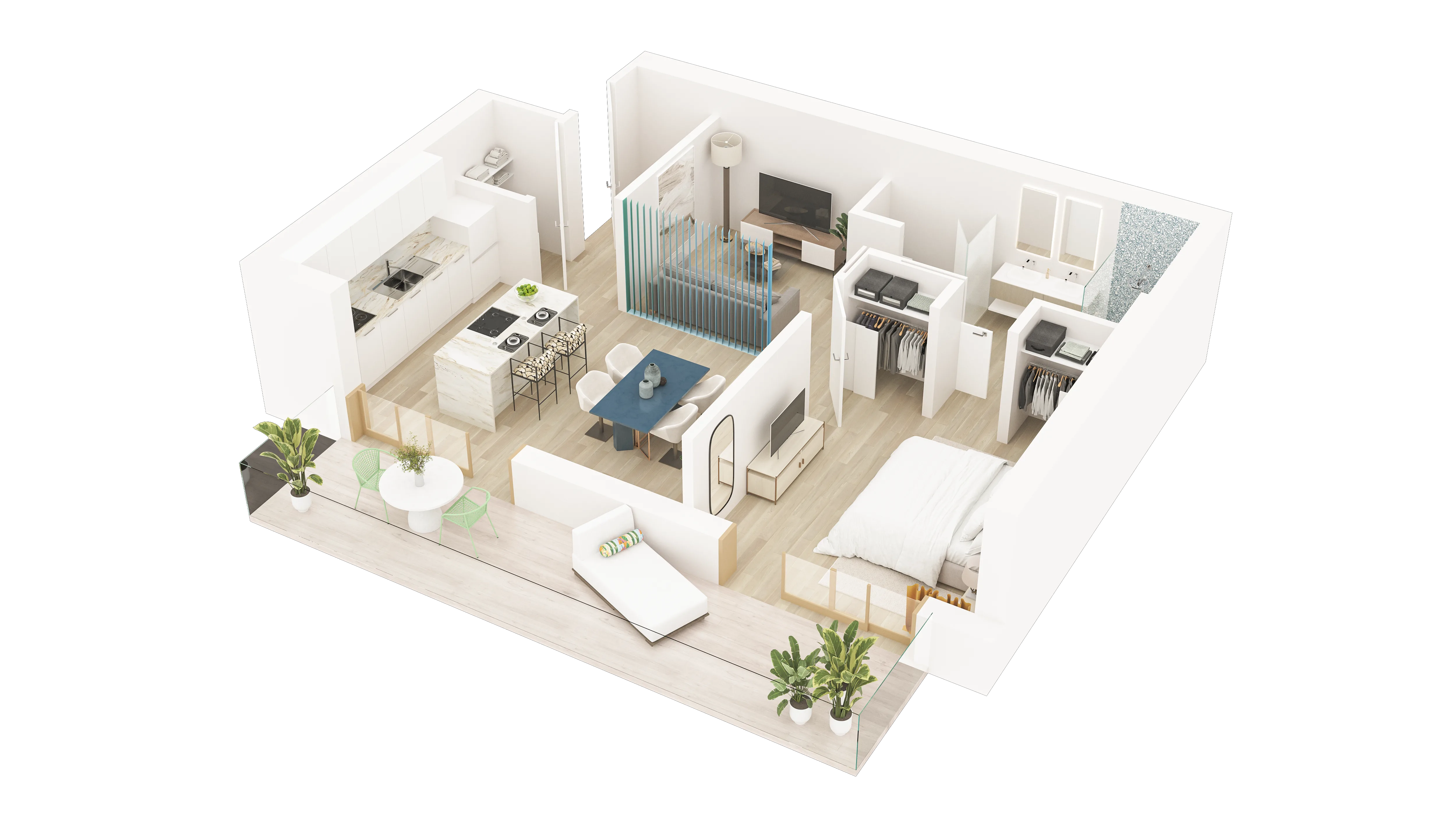 3D floor plan of a one-bedroom apartment with kitchen island, dining area, teal room divider, and plant-filled balcony