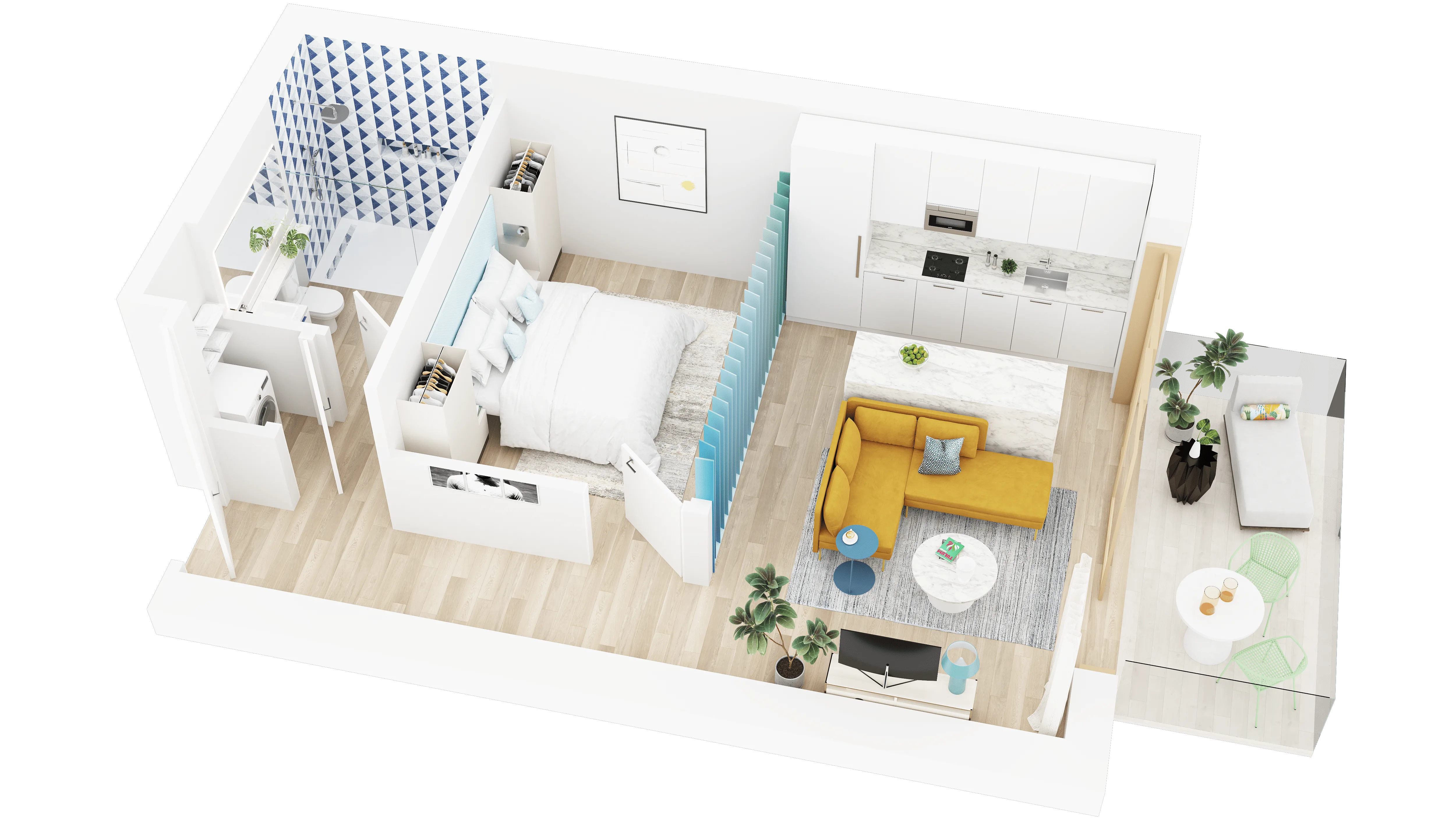 3D floor plan of a studio apartment with blue slatted divider, mustard sofa, galley kitchen, and small balcony