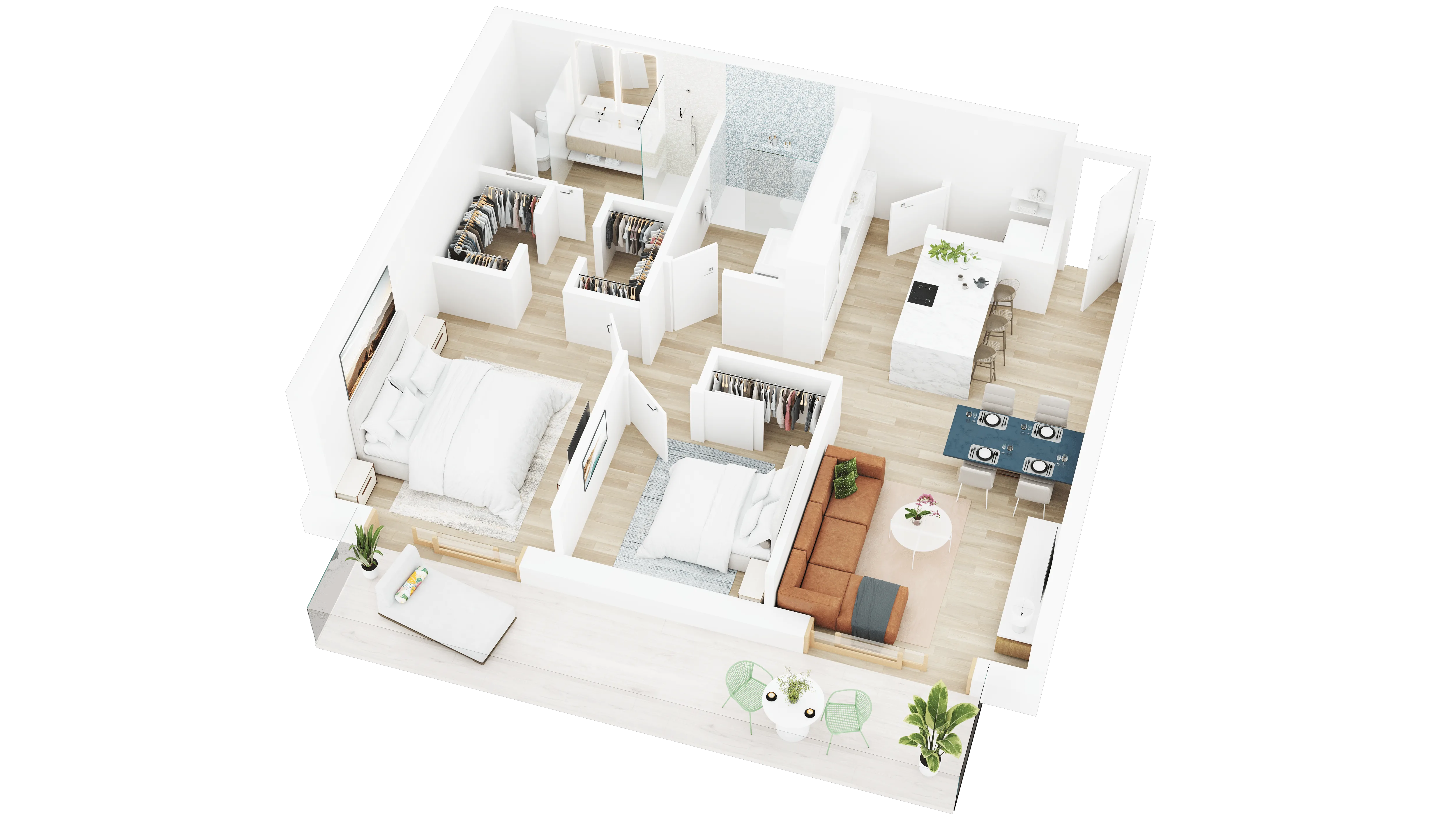 3D floor plan of a two-bedroom apartment with side-by-side bedrooms, walk-in closets, kitchen island, and balcony