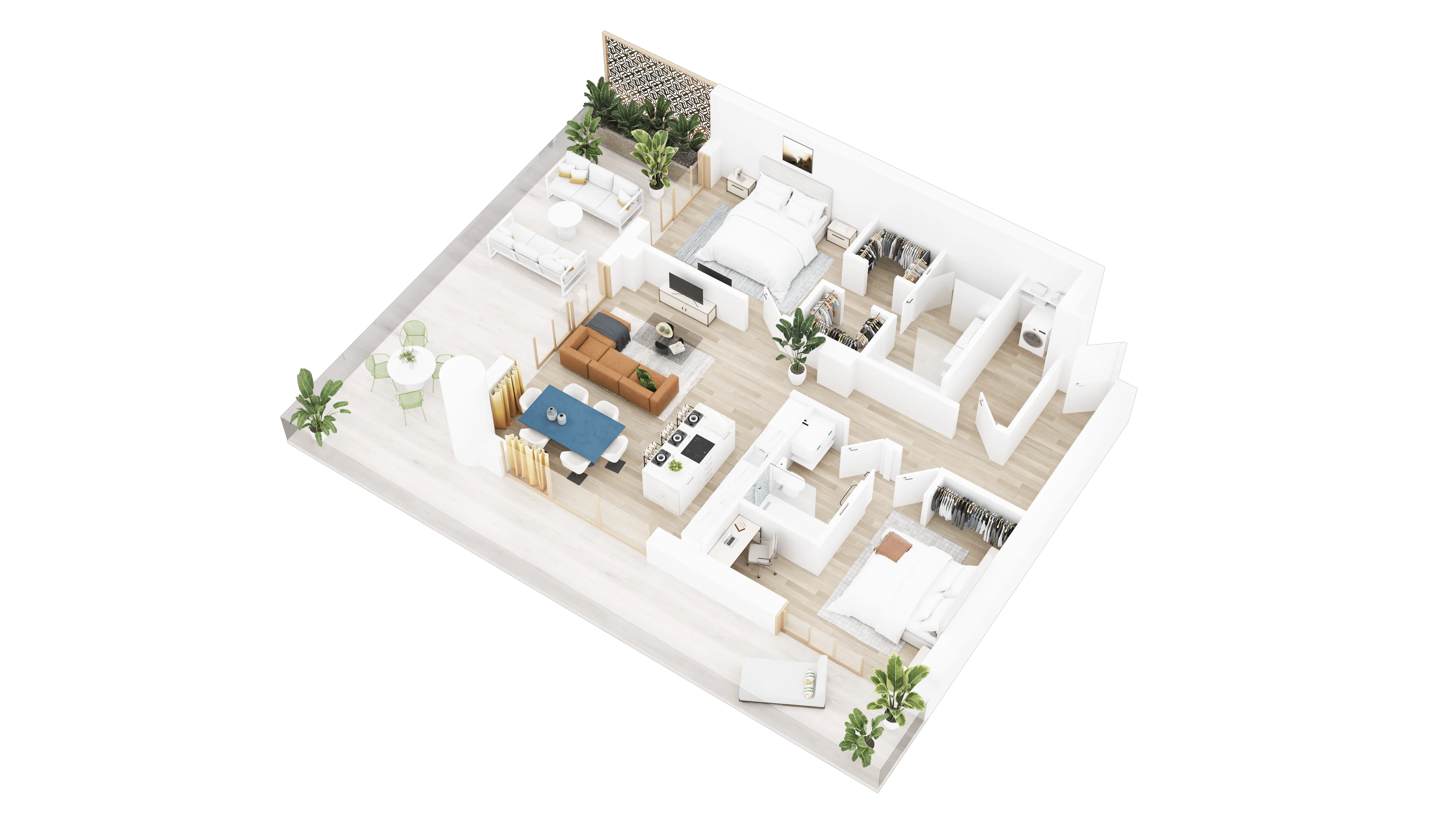 3D floor plan of a two-bedroom apartment with open-plan living and dining area, patterned accent screen, and wraparound balcony