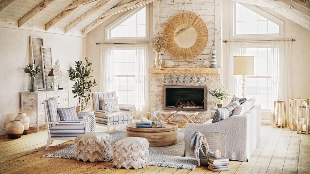 3D interior visualization in coastal style: living room in light wood, linen and rattan