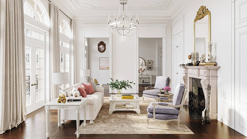 3D interior rendering in classic style: living room with mouldings, a chandelier and a fireplace