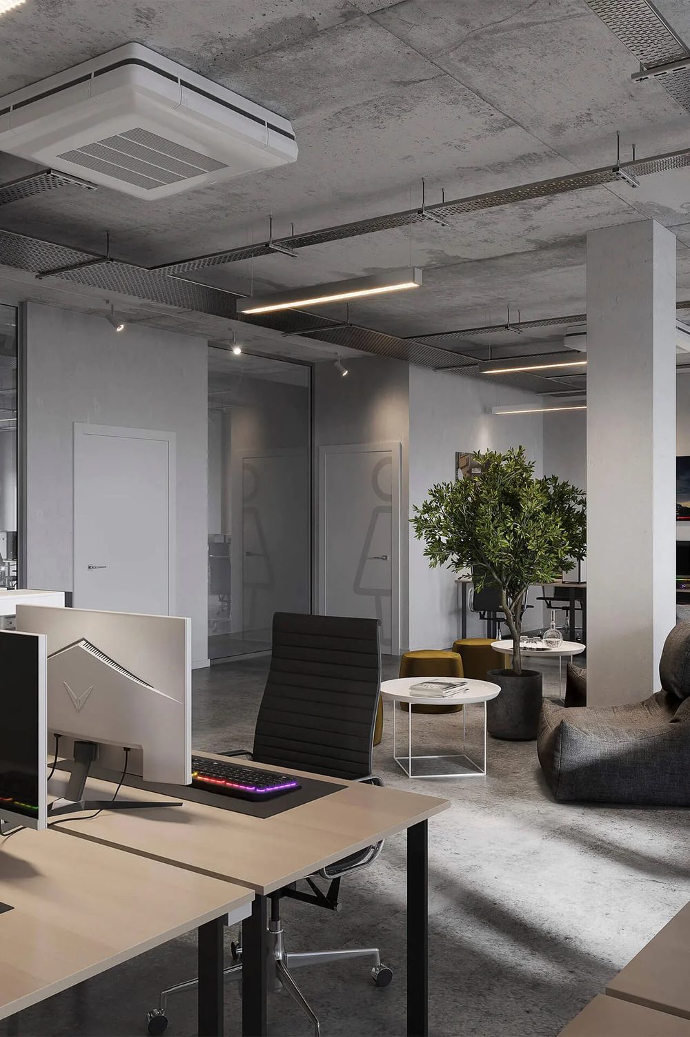 CGI office interior: a compact workspace with desks, task chairs and a planted corner
