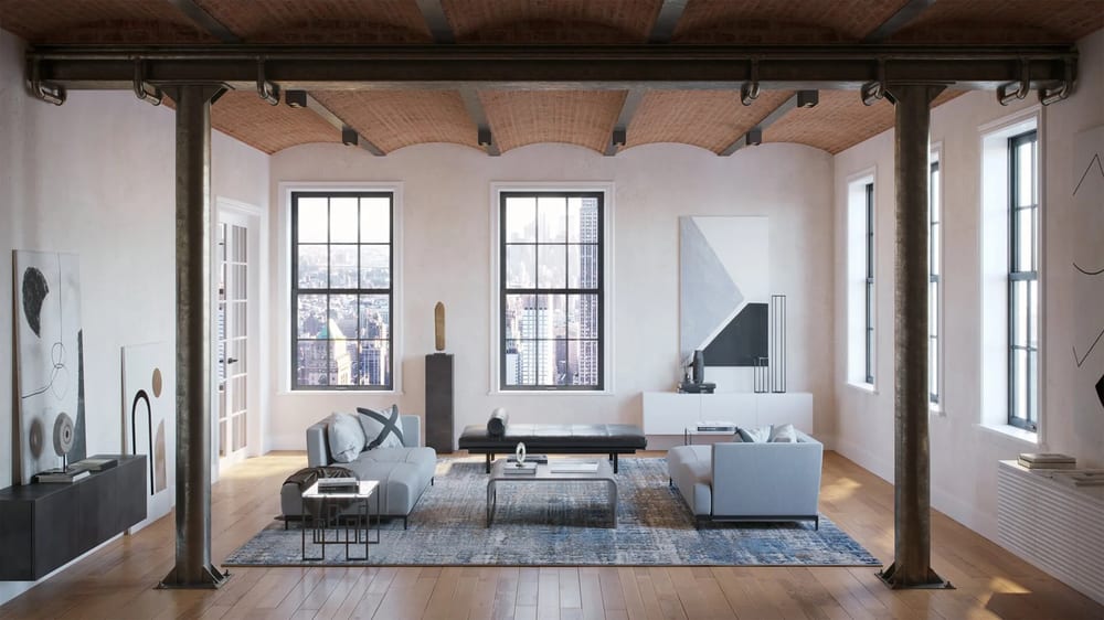 3D interior visualization in industrial style: loft living room with brick vaults and cast iron columns