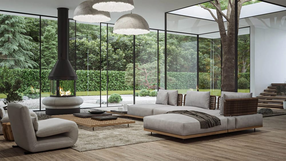 Architectural visualization: interior render in minimalist style, lounge with floor to ceiling glazing