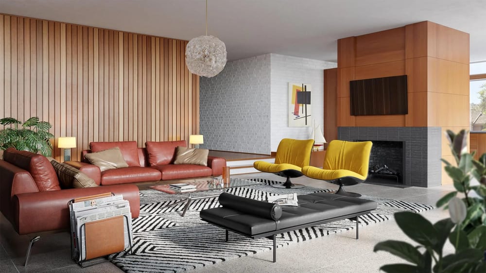3D interior rendering in mid-century modern style: living room with wood slat walls and leather seating