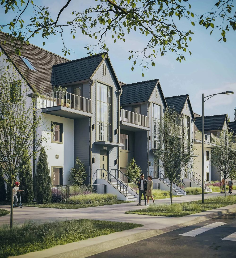 Real estate building design: 3D rendering of a townhomes development