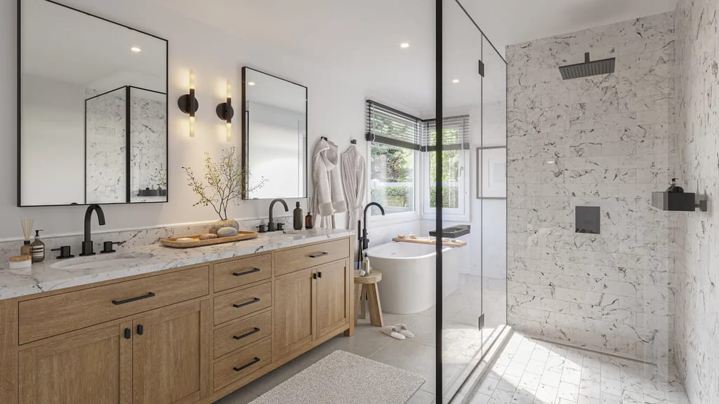 3D interior rendering of a bathroom with a freestanding tub