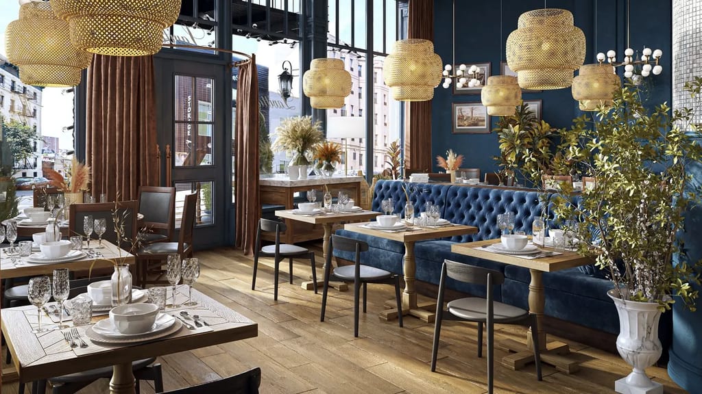 Interior 3D rendering of a cafe with a bar counter
