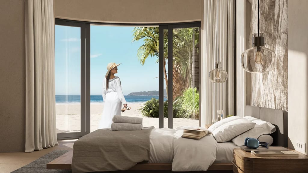 3D interior visualization of a beachfront hotel room