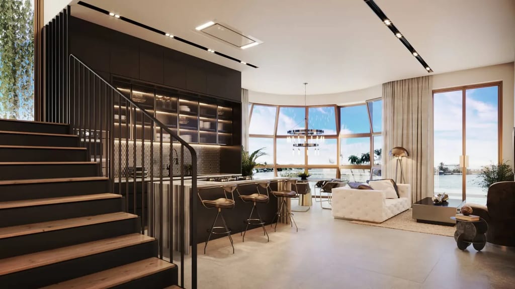 3D interior visualization of a duplex hotel suite