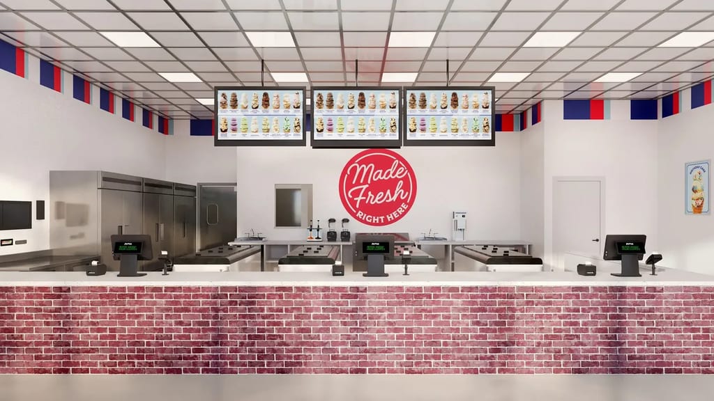 Interior 3D rendering of an ice cream shop for a franchise
