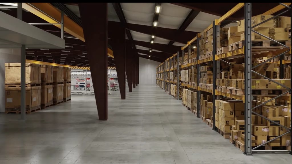 Interior 3D rendering of a warehouse with pallet racking