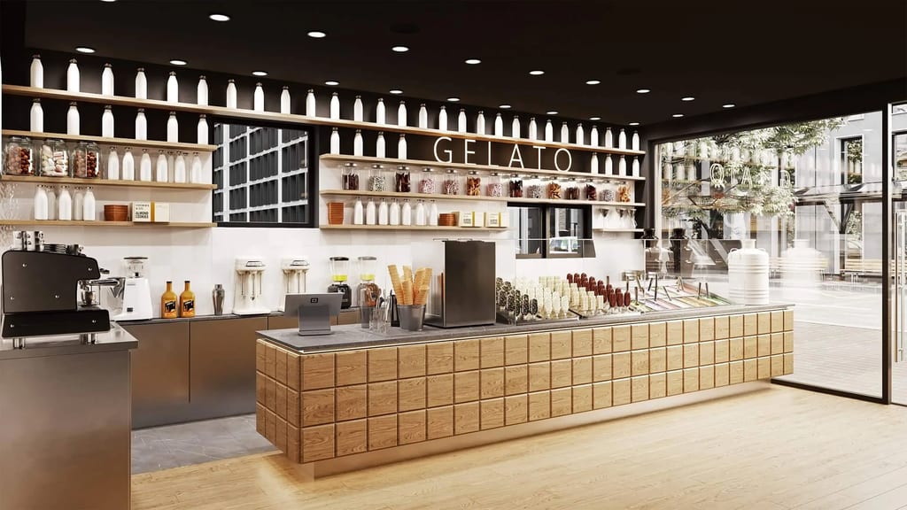 3D interior visualization of a modern retail space with display shelves