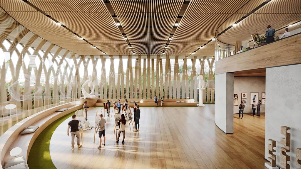 3D interior visualization of a modern lobby with a curved seating area