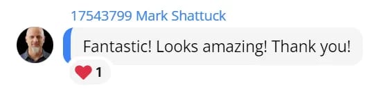 Client feedback screenshot praising the 3D rendering result