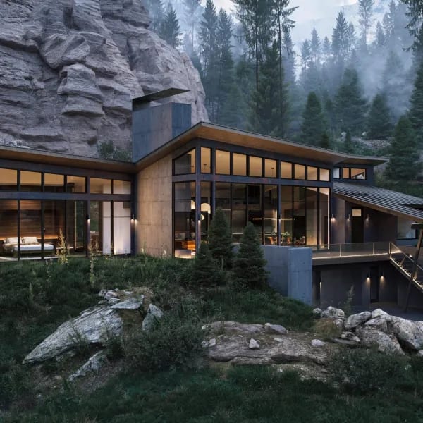 3D architectural rendering of a mountain home with glass facade among rocks and pines