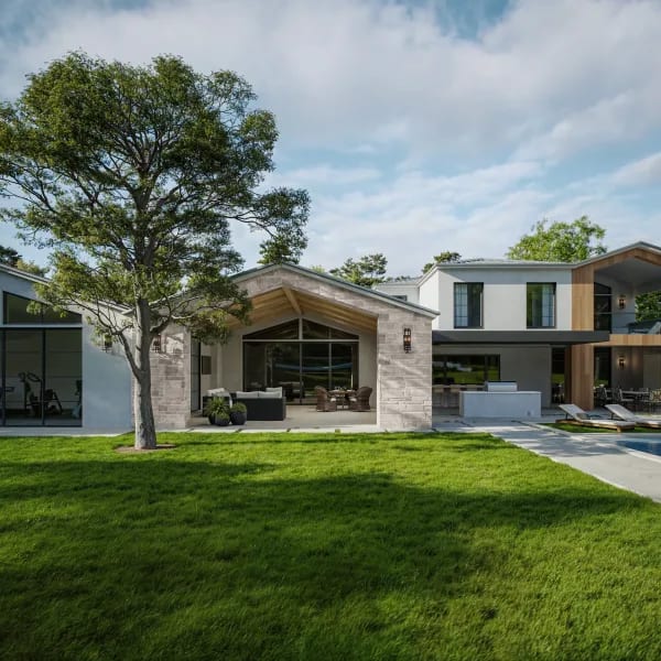 3D exterior rendering of a contemporary family house with lawn and pool wing