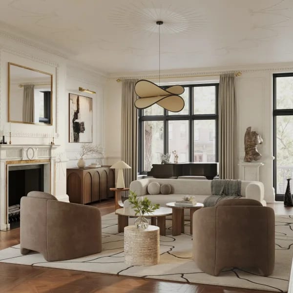 3D rendering of a living room interior with fireplace, curved mirror and tall windows