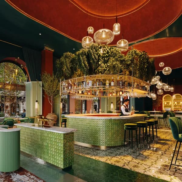 3D visualization of a restaurant bar with green tile counter and arched ceiling