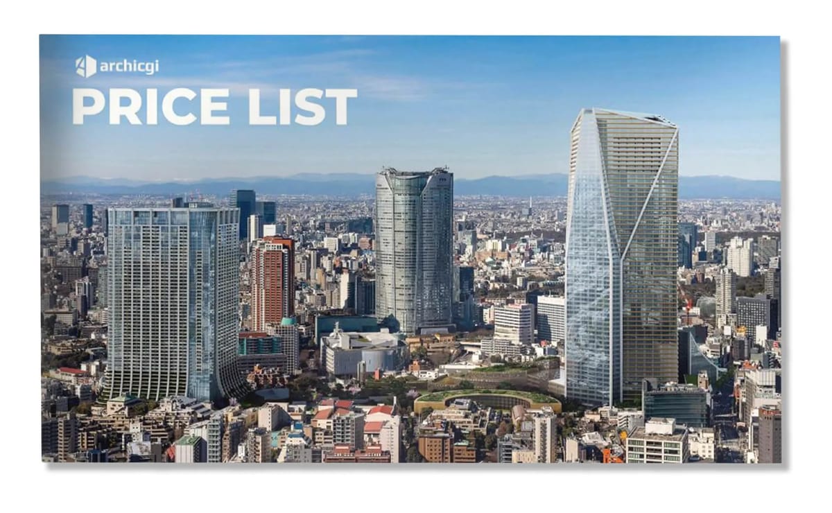 ArchiCGI architectural visualization price list: cover with a city skyline of high-rise towers