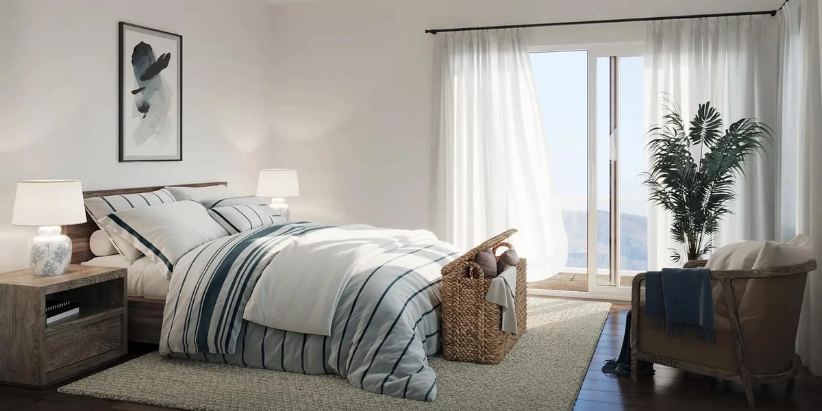 CGI interior of a bedroom with striped bedding, a bedside lamp and a balcony door