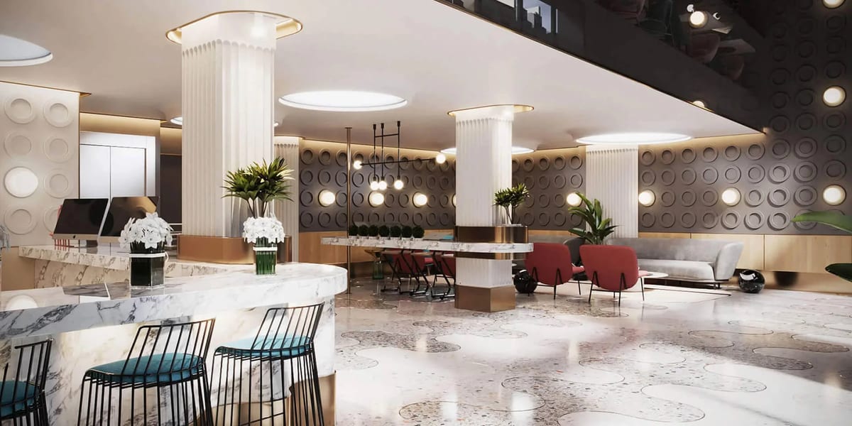 Hotel lobby bar rendered in CGI: marble counter, bar stools and fluted columns