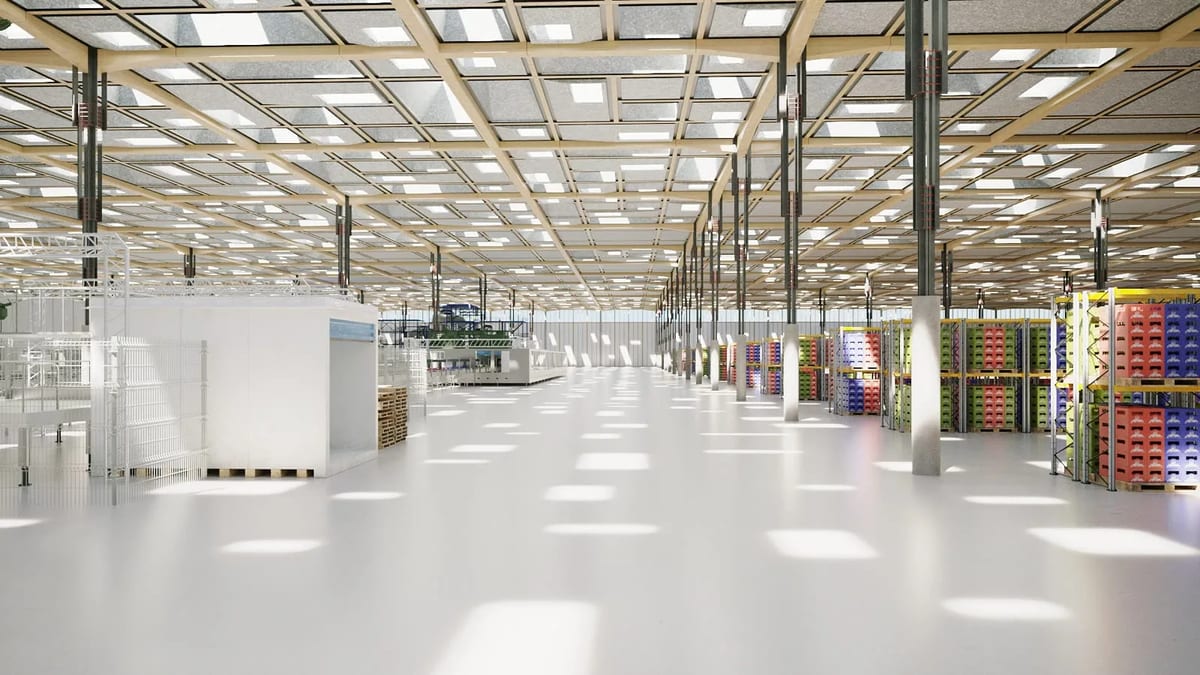 Industrial 3D rendering of a high-bay warehouse with racking systems and loading docks