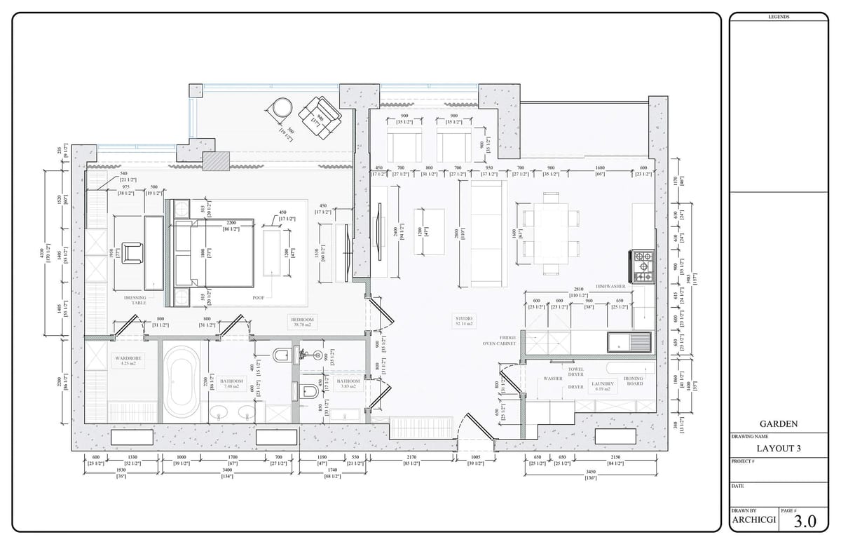 Technical floor plan drawing of an apartment with furniture layout and dimensions