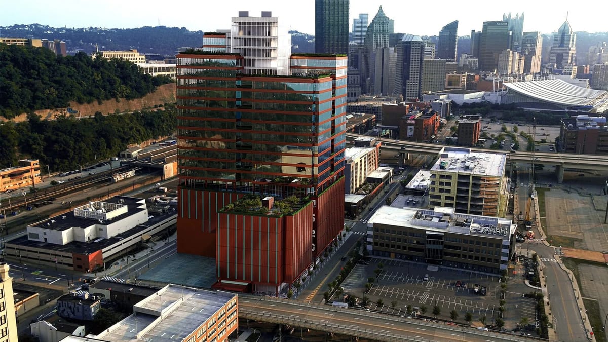 3D animation still of a red high-rise real estate building in Pittsburgh