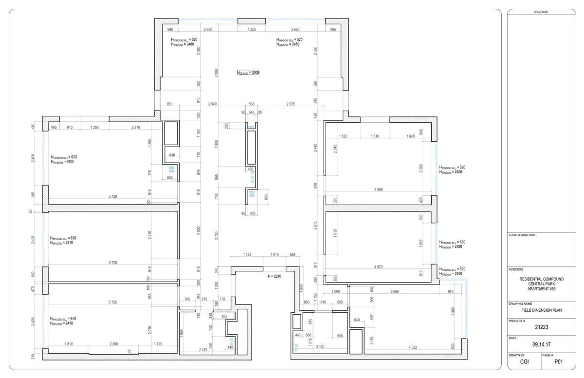 Field dimension plan of a residential apartment with measurements for every room