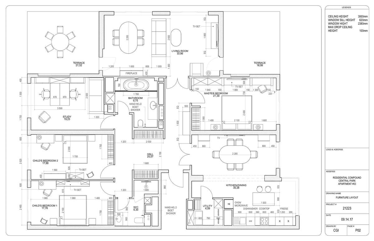Furniture layout plan of an apartment with living room, bedrooms and terraces