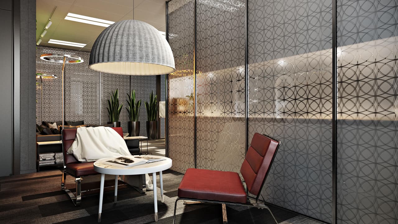 Office rendering — relax zone with scarlet chairs CGI