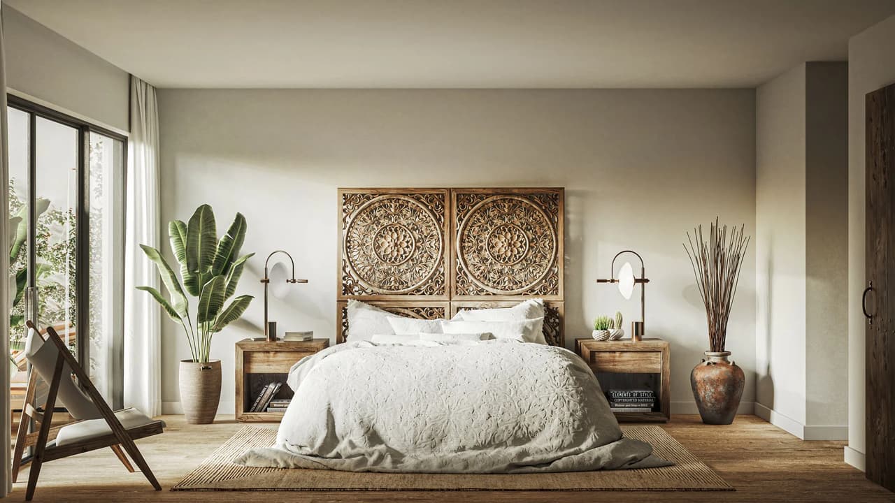 Bedroom 3D rendering with carved wood headboard and natural finishes