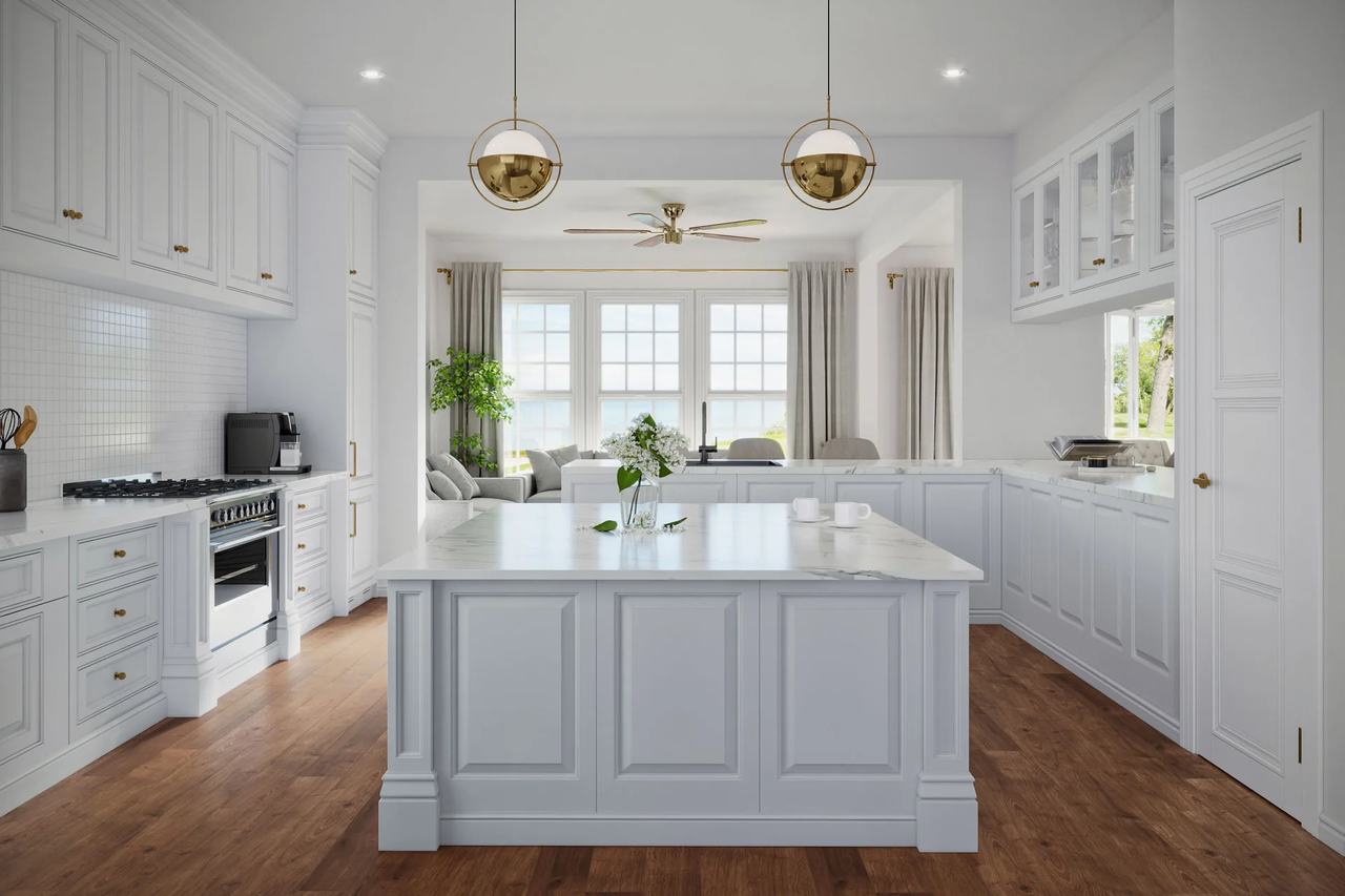 3D visualization of a Hamptons-style kitchen in Huntington featuring a white island, custom cabinetry, brass pendant lights, and wood flooring