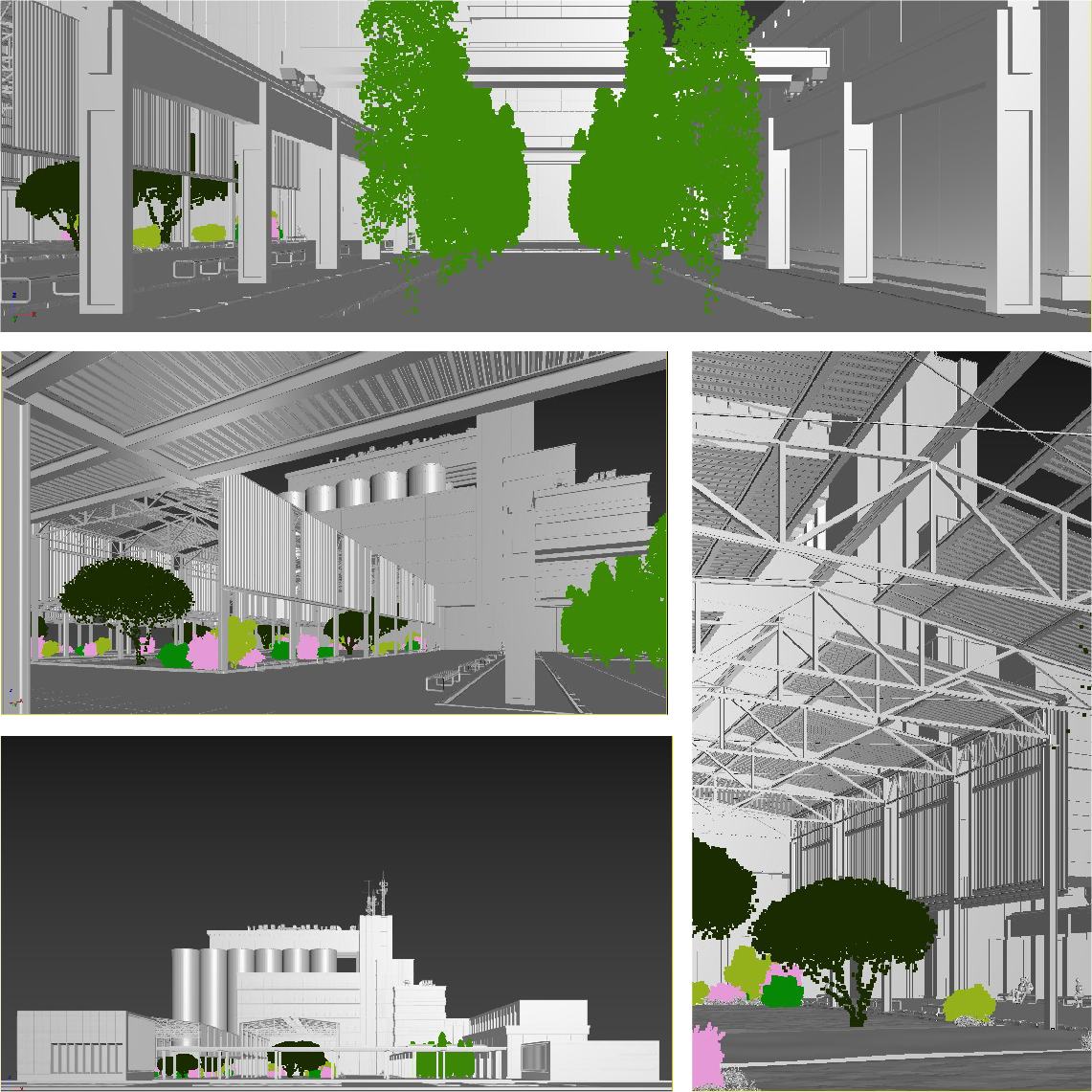 Four Grayscale 3D Renders Showing a Renovated Factory