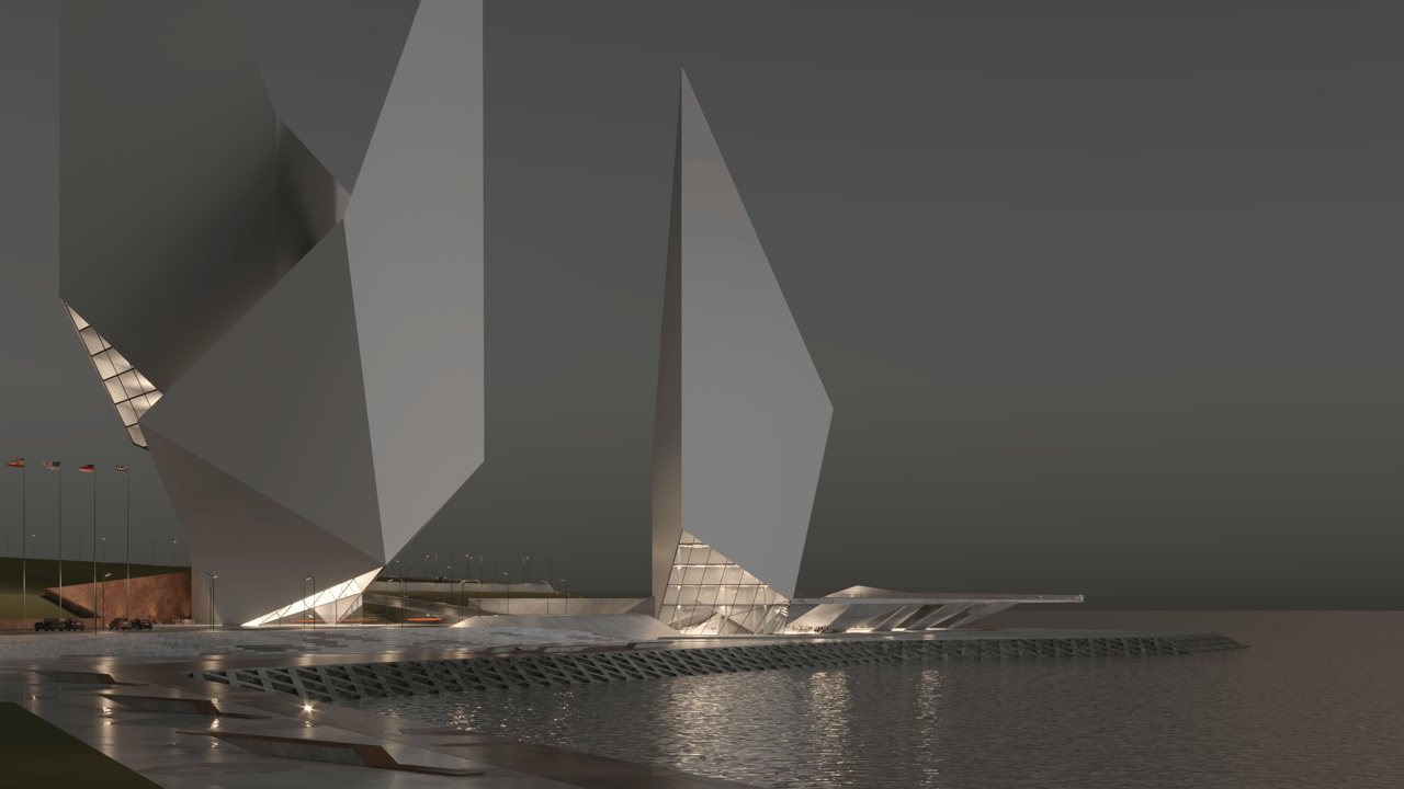 Hotel render — exterior scene with light set