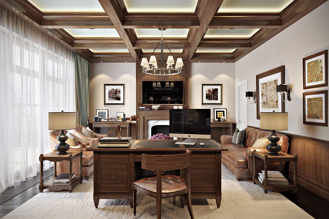 Office 3D rendering — English style villa home office CGI