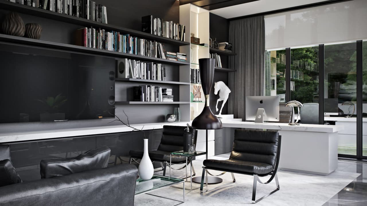 Office 3D Rendering of a Workplace in a Big Cottage