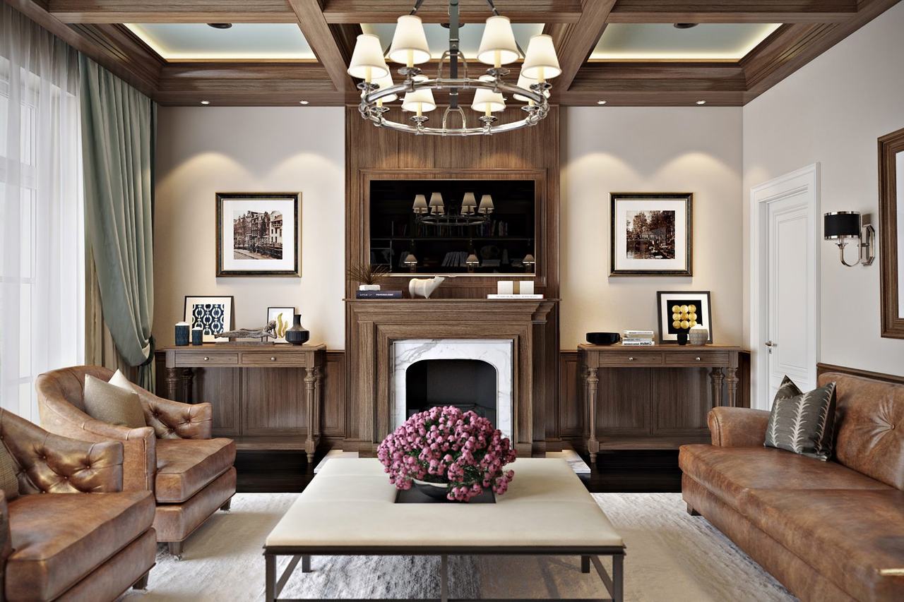 Office interior rendering — English style dark wood CGI