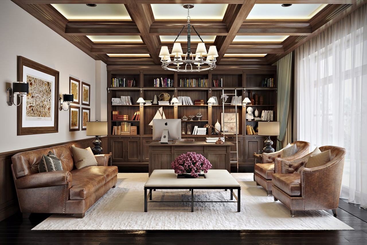Office 3D rendering — contemporary luxury home office CGI