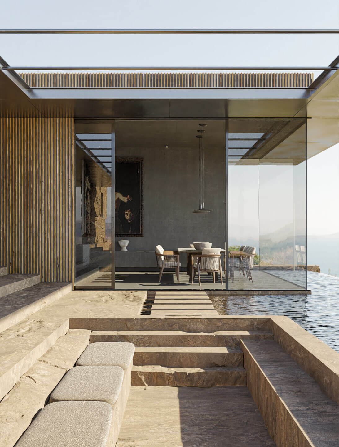 An Intermediate 3D Render for a Pool and a Dining Area
