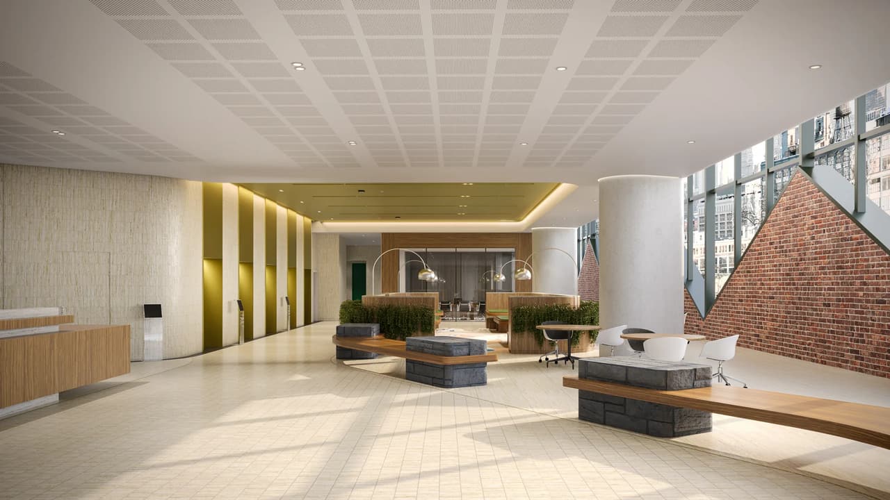 3D rendering of a spacious office lobby with reception desks, wood benches, and a green accent ceiling