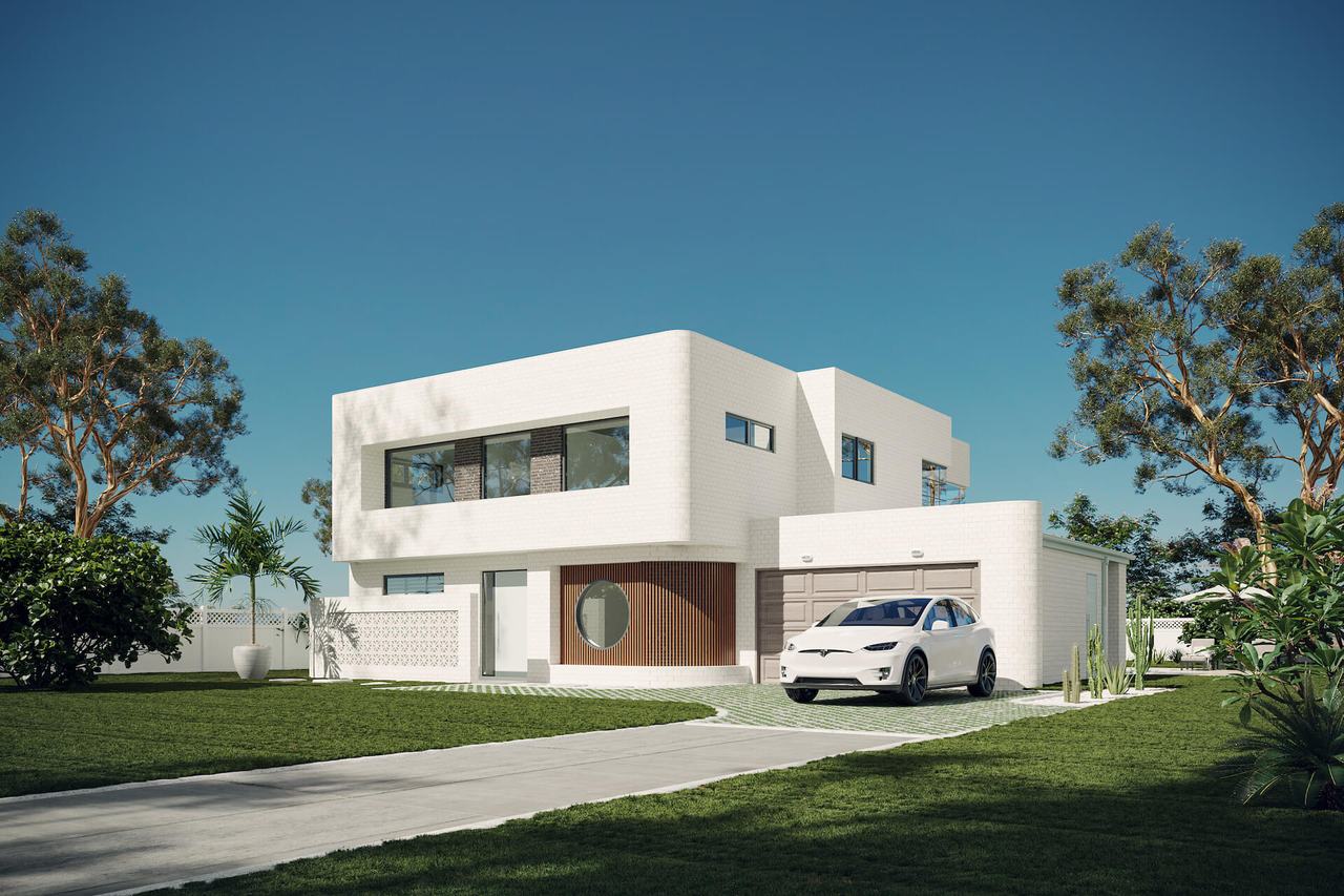 3D house exterior rendering — first intermediate result