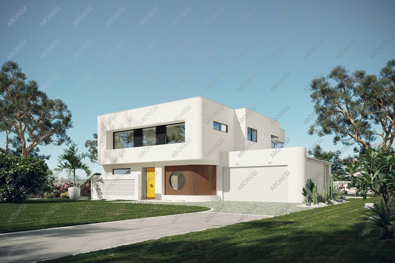 3D house exterior rendering — watermarked 4K draft