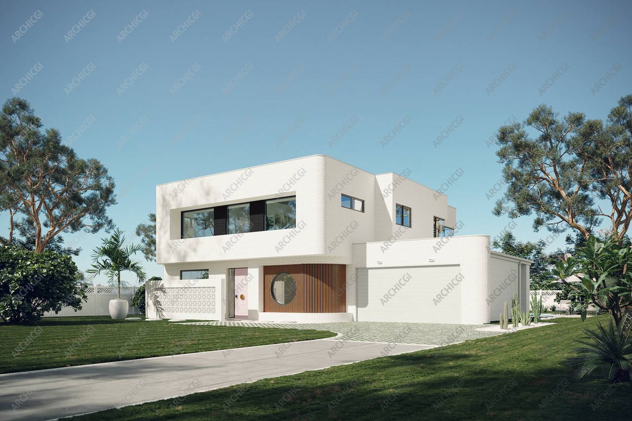 3D house exterior rendering — final 4K with watermark